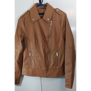 Guess Women's Faux Leather Moto Jacket Tan Small Retro 80s 90s Urban Streetwear